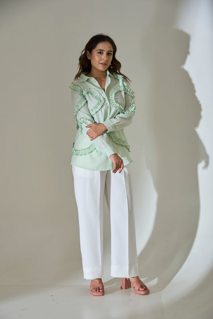 Mint Ruffle Detail Linen Blend Shirt
