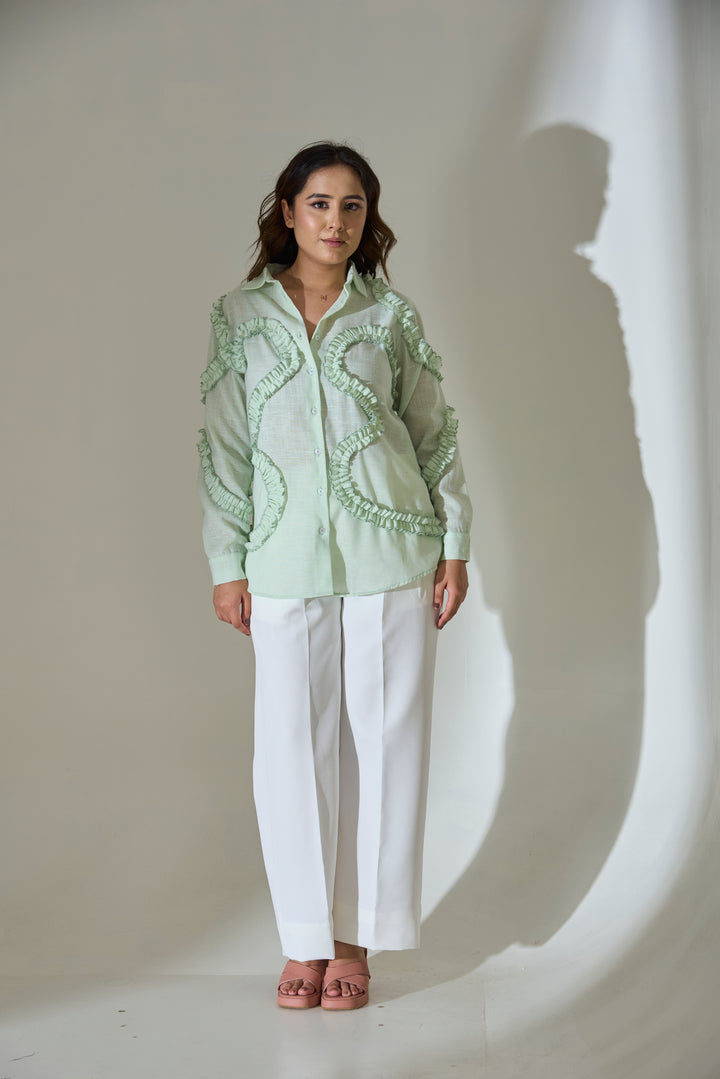 Mint Ruffle Detail Linen Blend Shirt