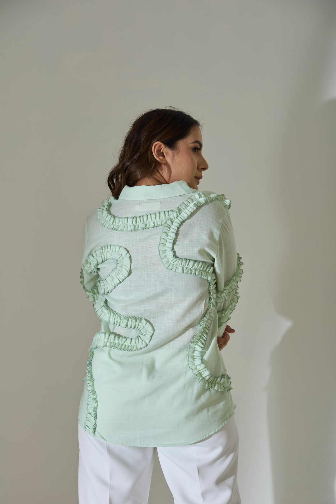 Mint Ruffle Detail Linen Blend Shirt