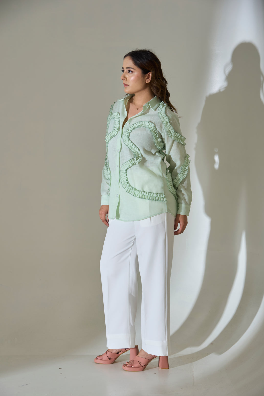 Mint Ruffle Detail Linen Blend Shirt