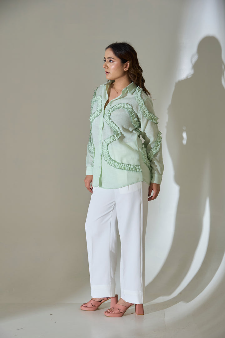 Mint Ruffle Detail Linen Blend Shirt