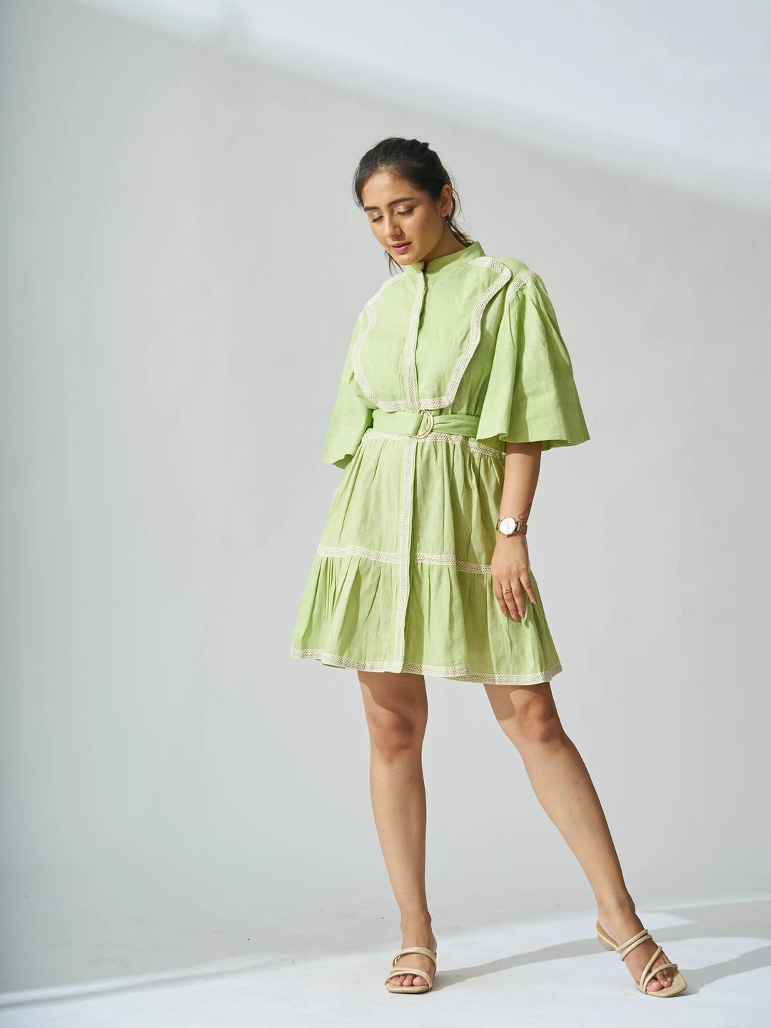 Risate ruffle linen blend mini dress in light green with short sleeves and a belted waist