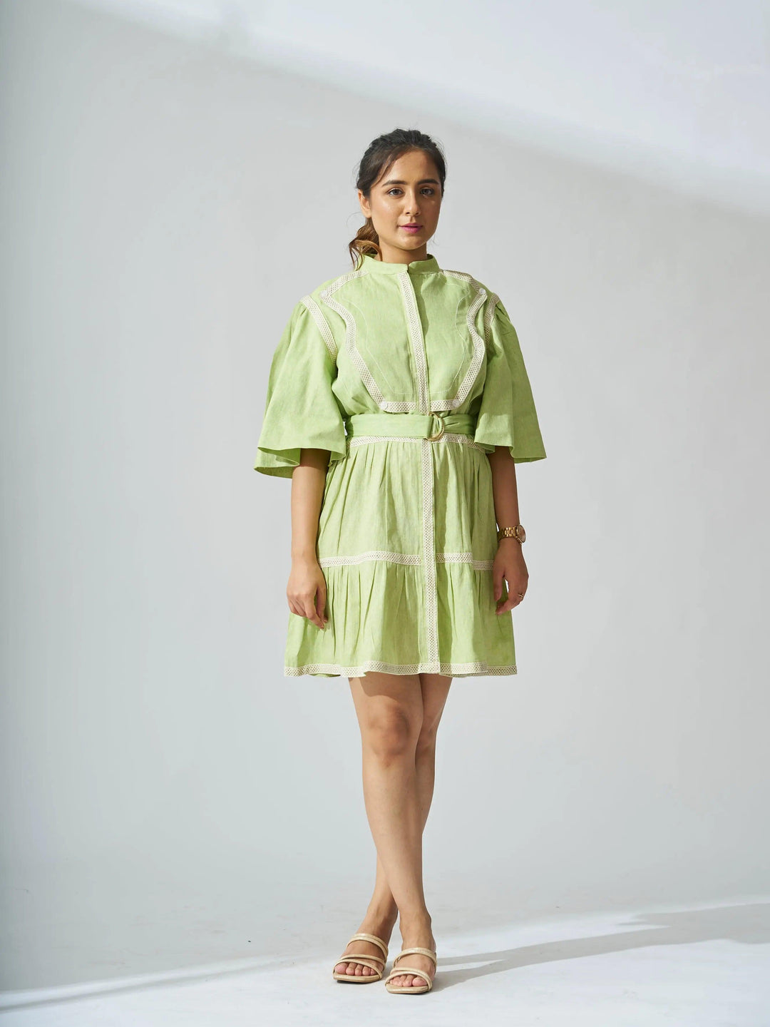 Elegant Risate ruffle linen blend mini dress in light green with a belted waist and puff sleeves