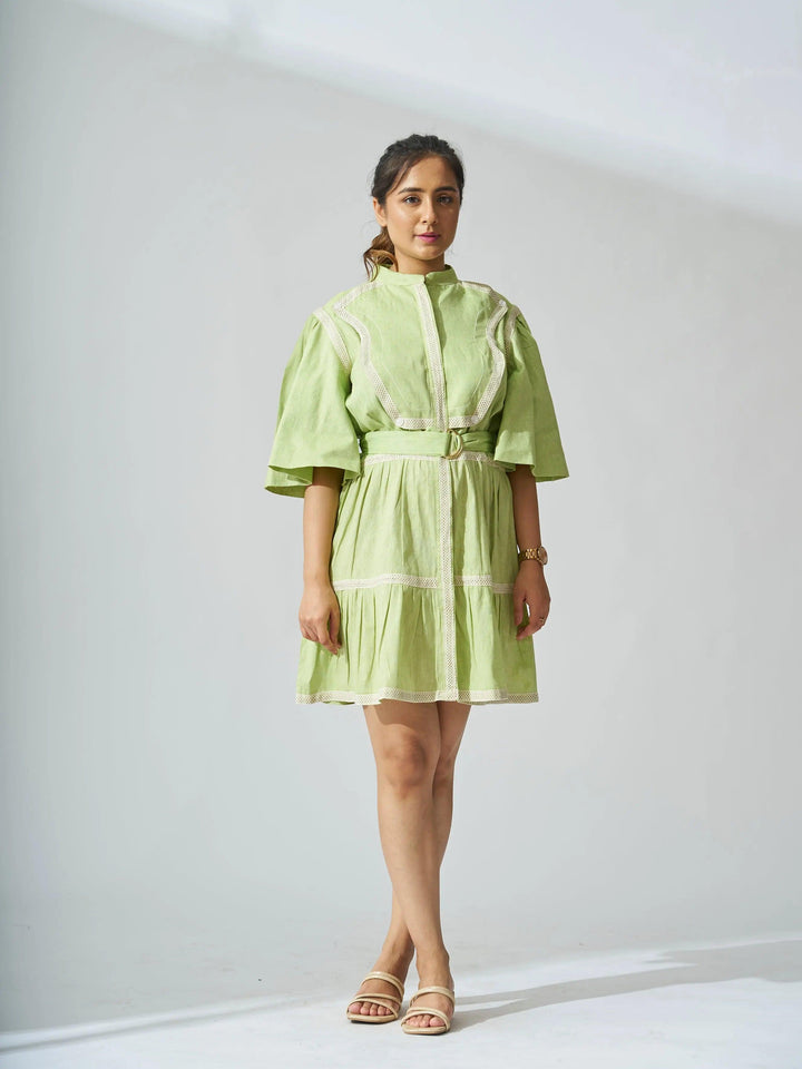Elegant Risate ruffle linen blend mini dress in light green with a belted waist and puff sleeves