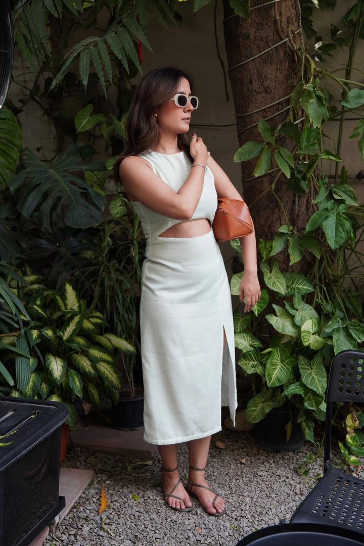 Risate sage cut out dress featuring a side slit and stylish design for casual outings