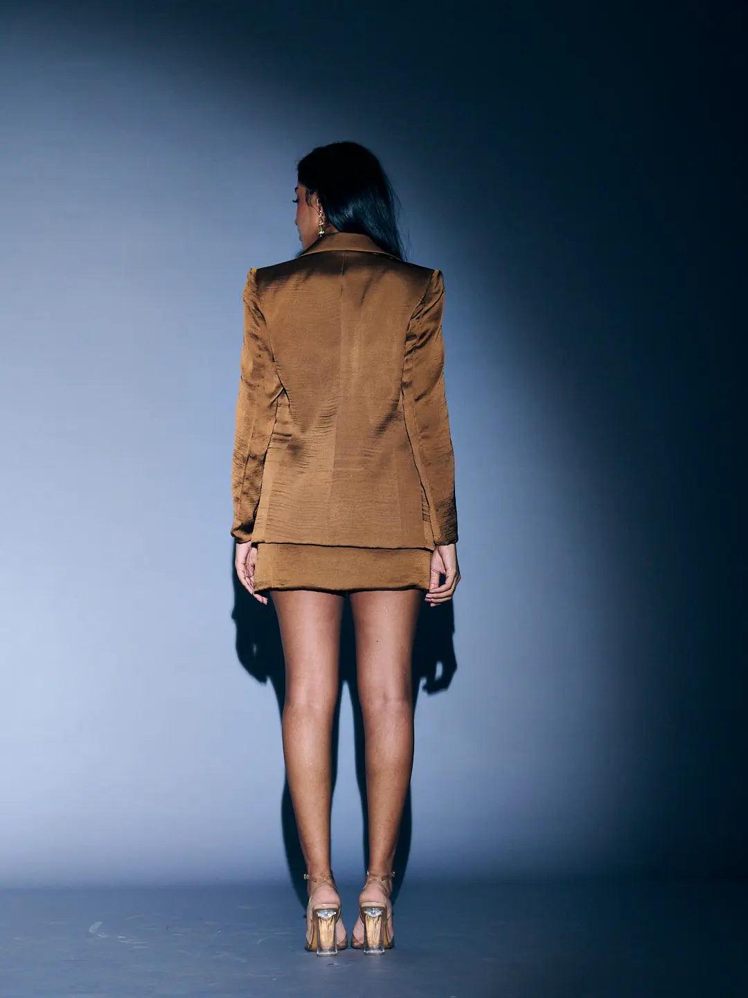Elegant satin blazer skirt set for women featuring a fitted silhouette and stylish design in brown