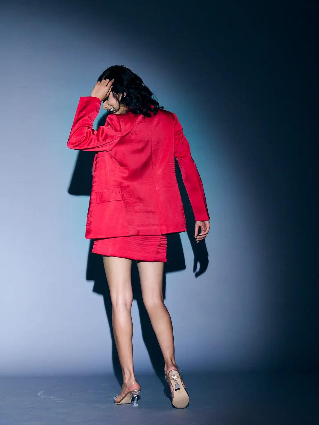 Risate satin blazer skirt set for women in vibrant red, featuring a stylish blazer and mini skirt