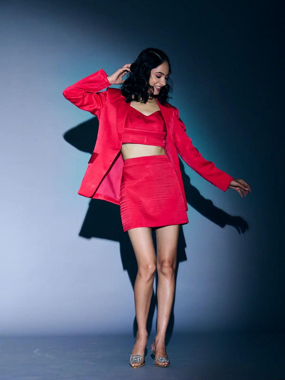 Risate satin blazer skirt set for women in vibrant red, perfect for stylish occasions