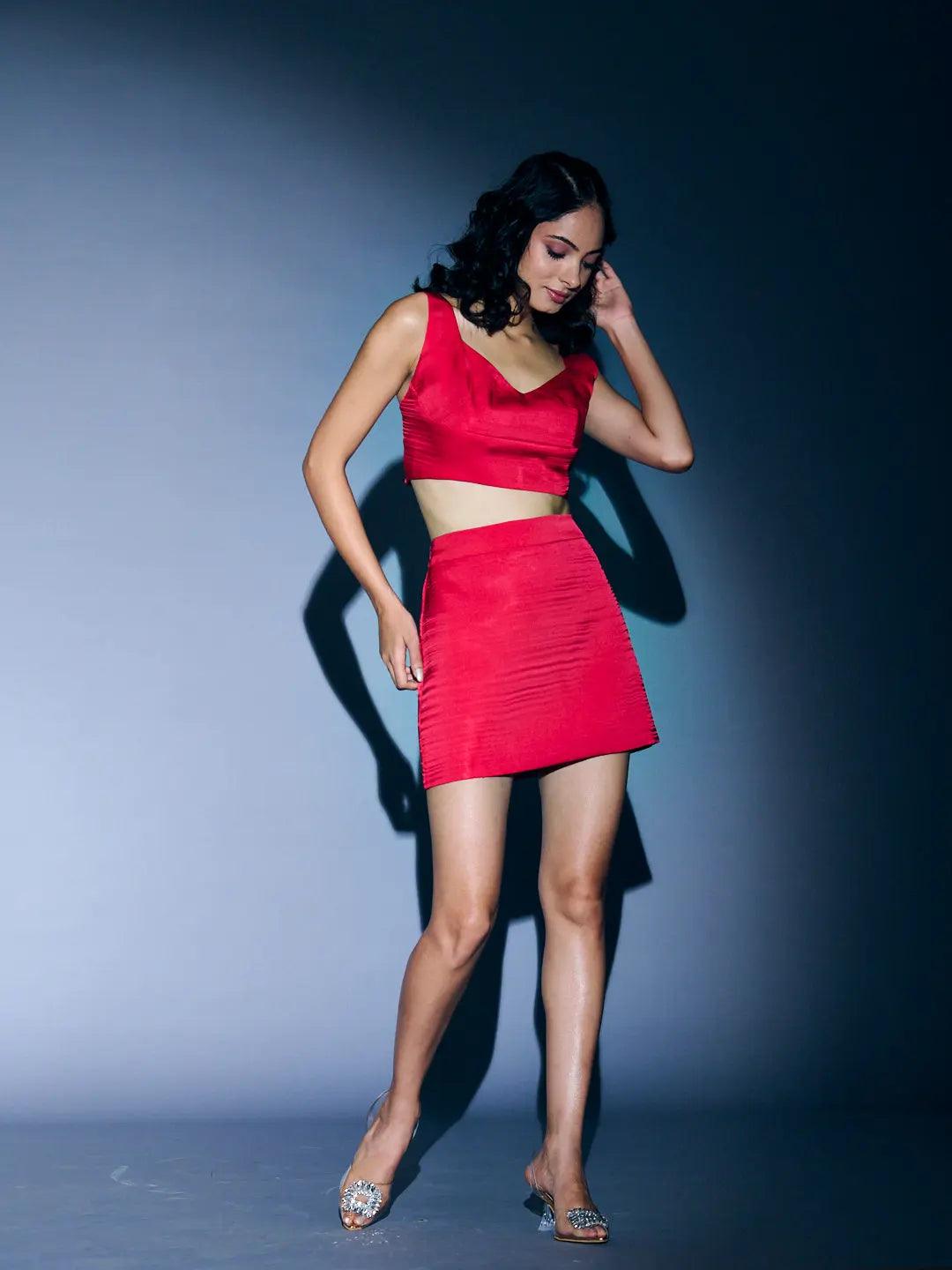 Satin blazer skirt set for women in red with a stylish crop top and mini skirt