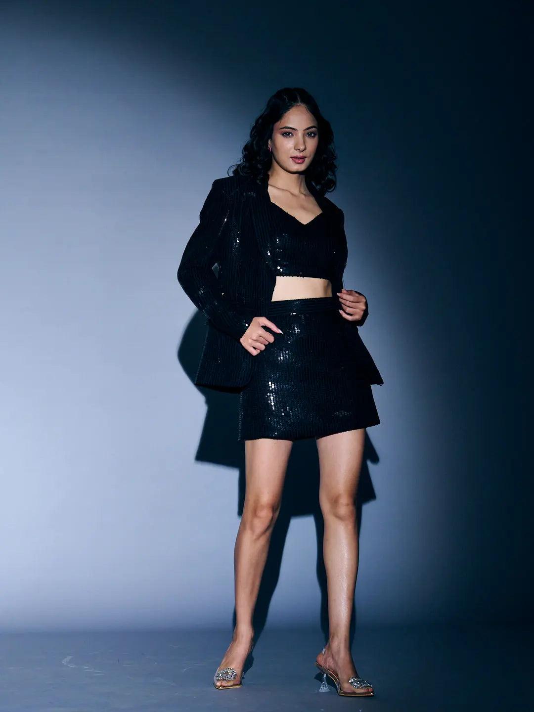 Risate sequin blazer skirt set for women in black, stylishly designed for elegant outings