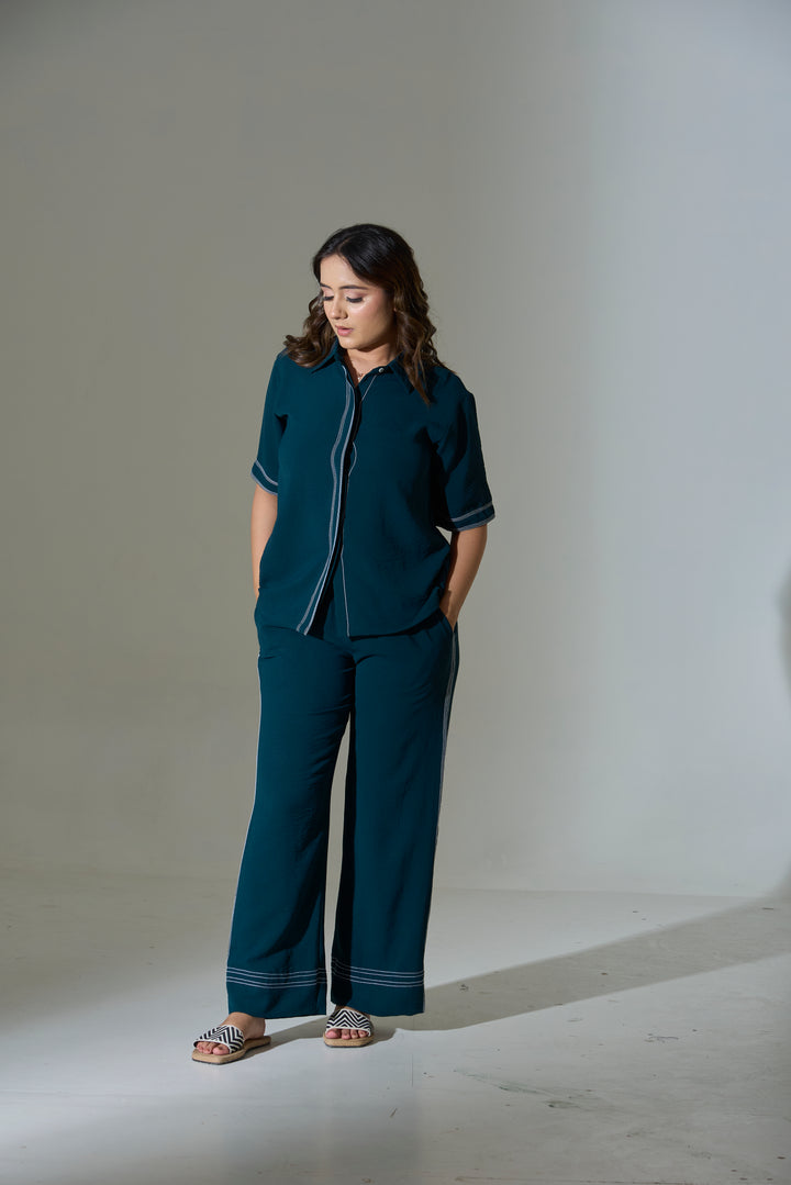 Stellar stitch co-ord set for women in dark green with short sleeves and wide-leg pants