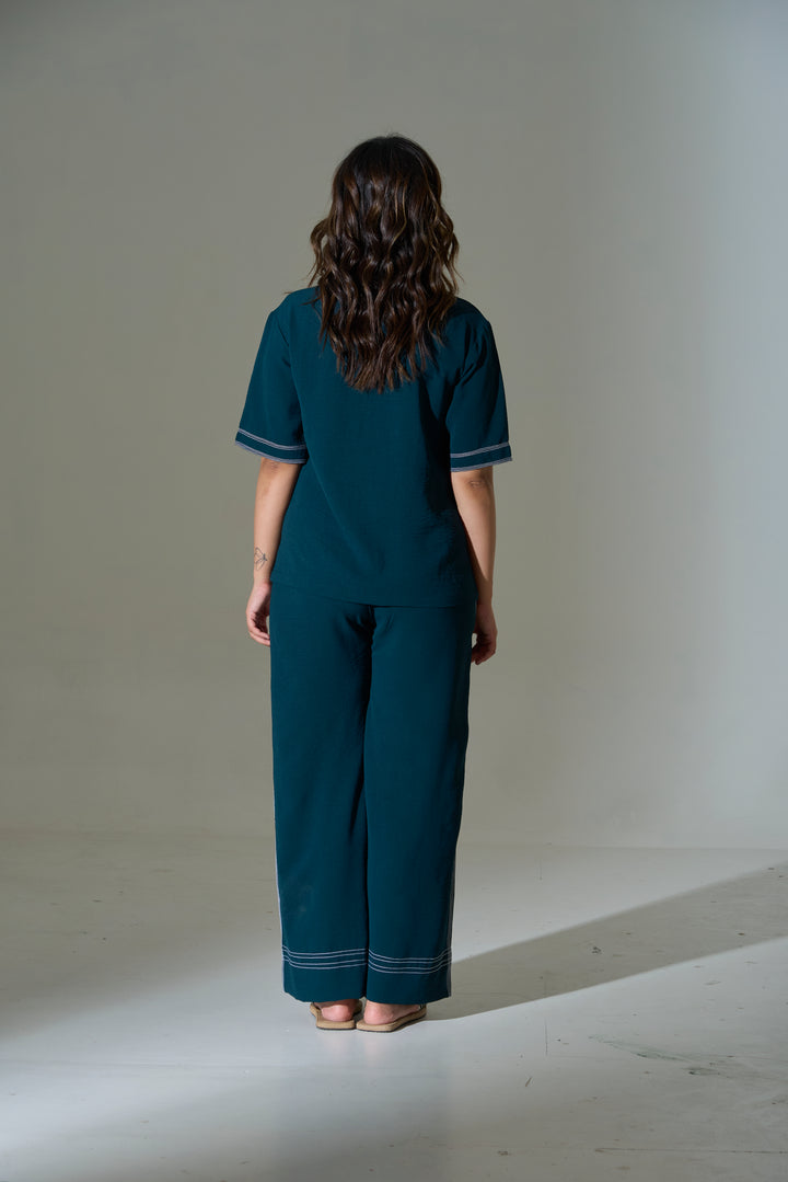 Back view of the stellar stitch co-ord set for women in teal with comfortable wide-leg pants