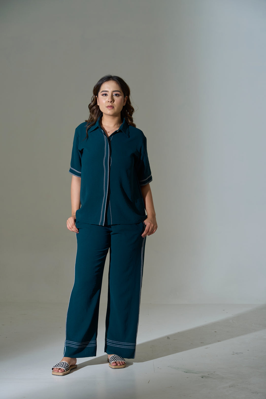 Risate stellar stitch co-ord set for women in teal featuring a stylish top and matching pants