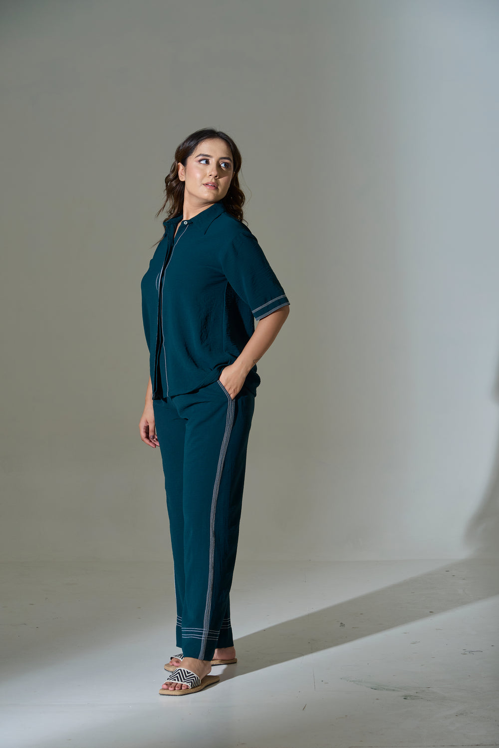 Risate stellar stitch co-ord set for women in teal with stylish stripe details for a chic look