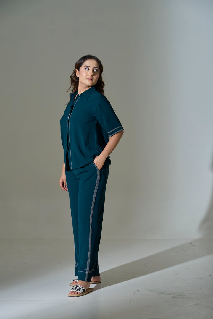 Risate stellar stitch co-ord set for women in teal with stylish stripe details for a chic look