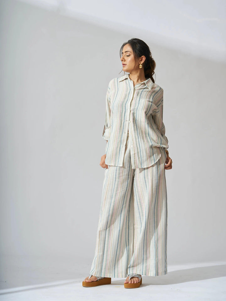 Risate sunset striped linen shirt and flared pants set for a stylish, comfortable look