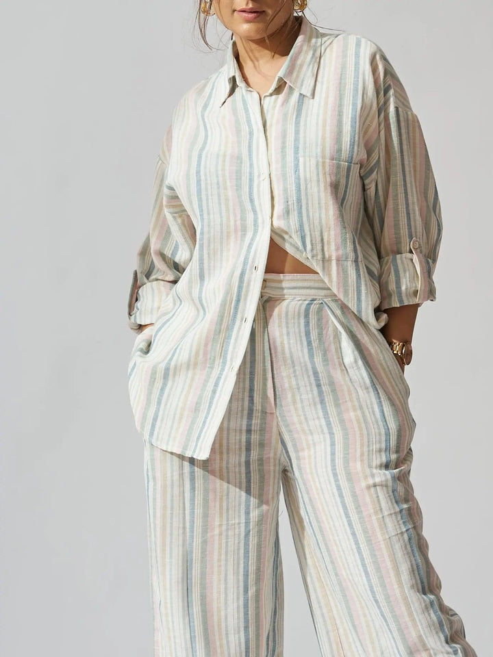 Risate sunset striped linen shirt and flared pants set for a stylish, relaxed look