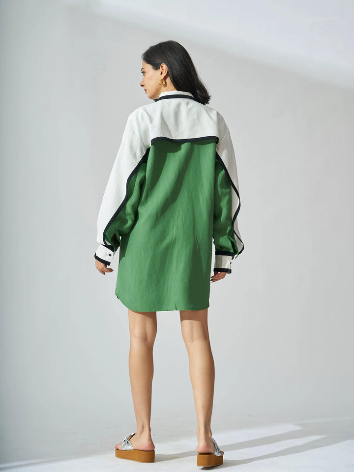 Back view of a Risate tencel linen mini shirt dress in green and white with long sleeves