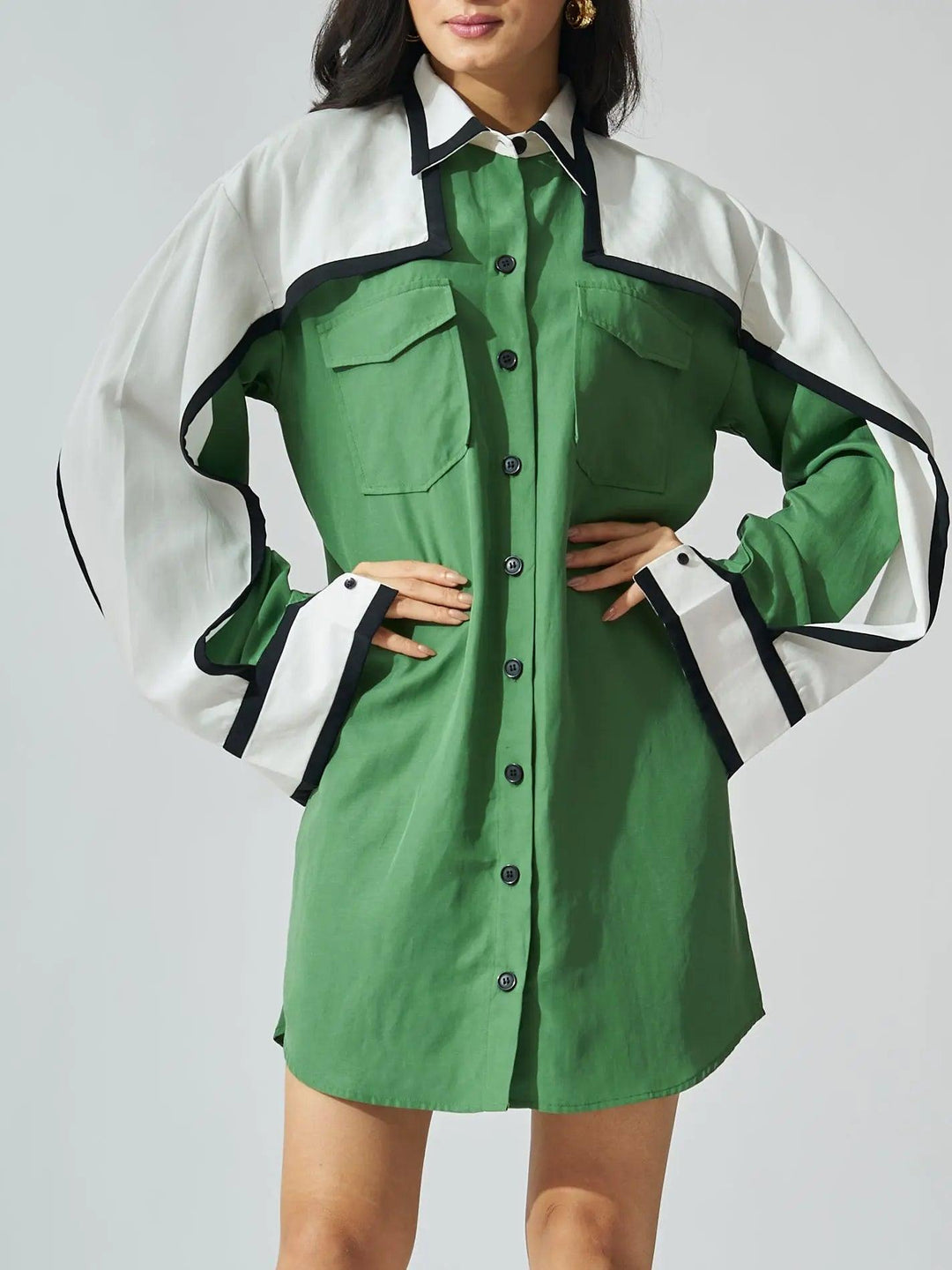 Risate tencel linen mini shirt dress in green with bold contrast sleeves and button-down front