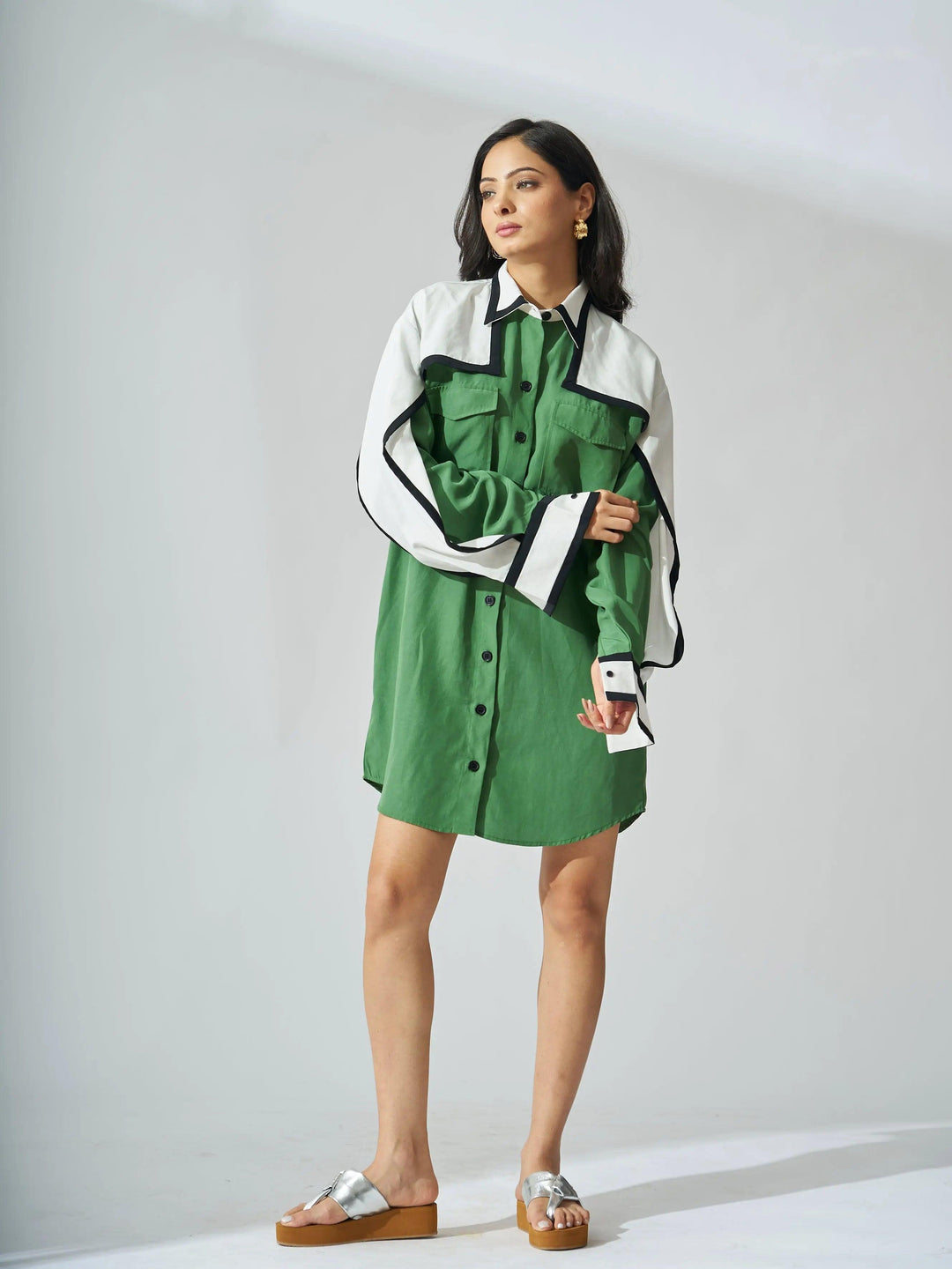 Risate tencel linen mini shirt dress in green with contrasting sleeves and buttons for a stylish look