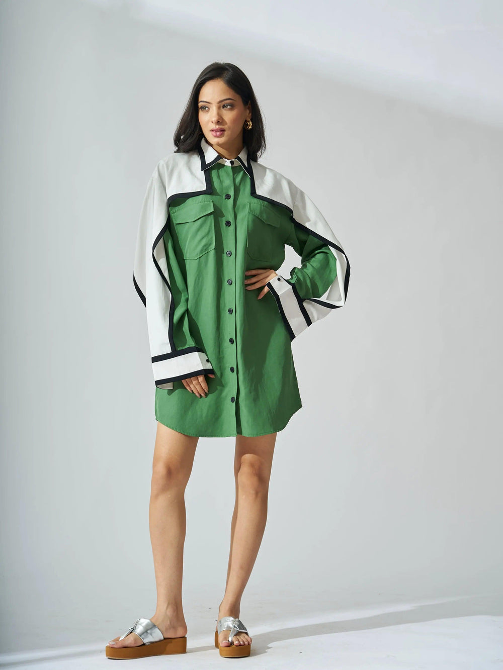 Risate Tencel linen mini shirt dress in green with oversized sleeves and button front details