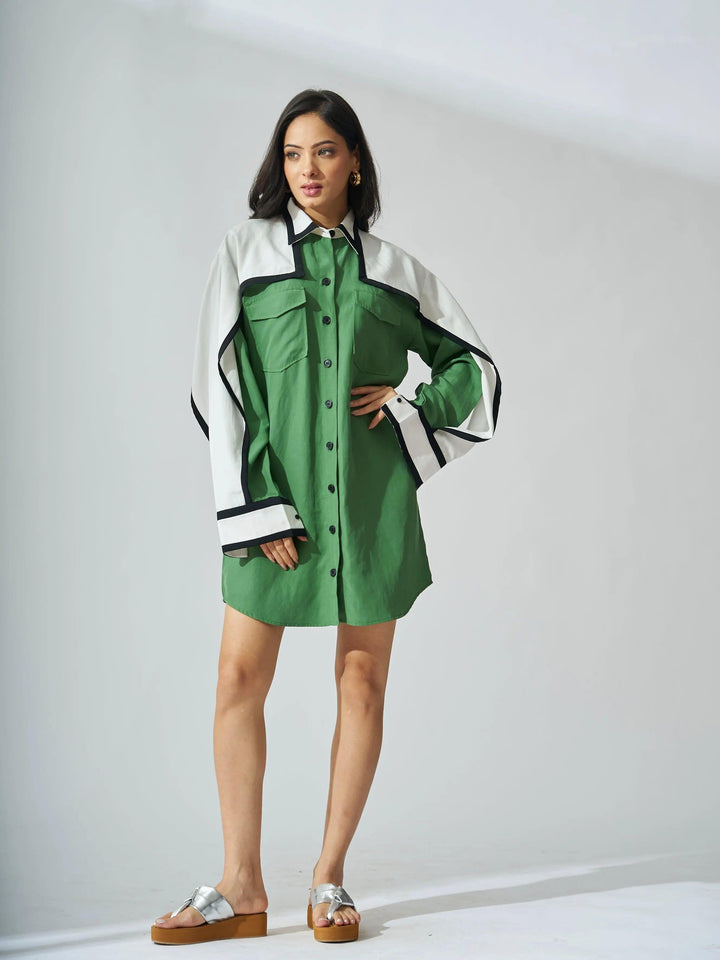 Risate Tencel linen mini shirt dress in green with oversized sleeves and button front details
