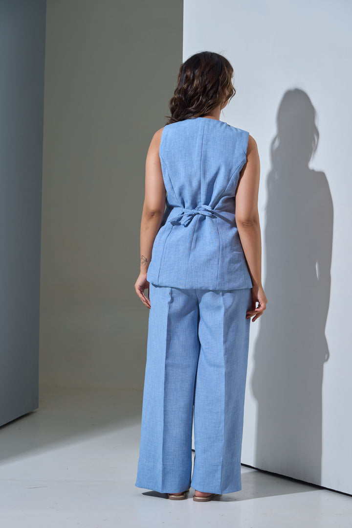 Risate Terra Set light blue sleeveless co-ord set with belted waist and wide leg pants