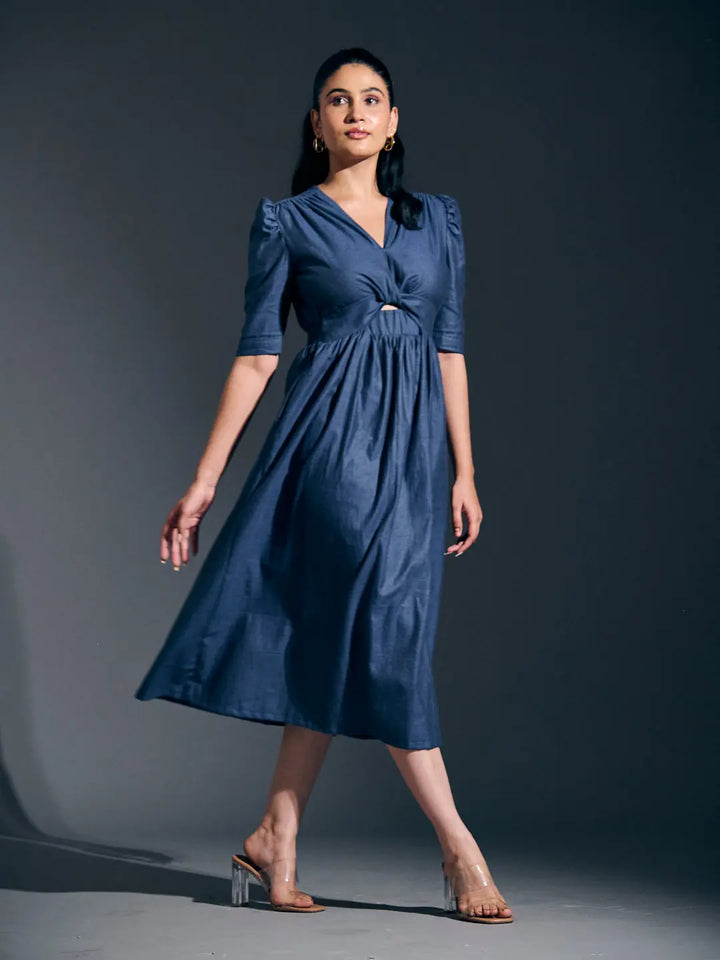 Risate twist detail maxi dress in navy with puff sleeves and a keyhole design for a stylish look
