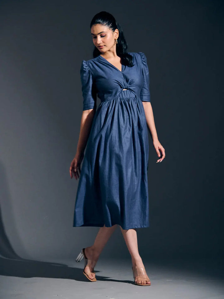 Risate twist detail maxi dress in navy with puff sleeves and flowing silhouette