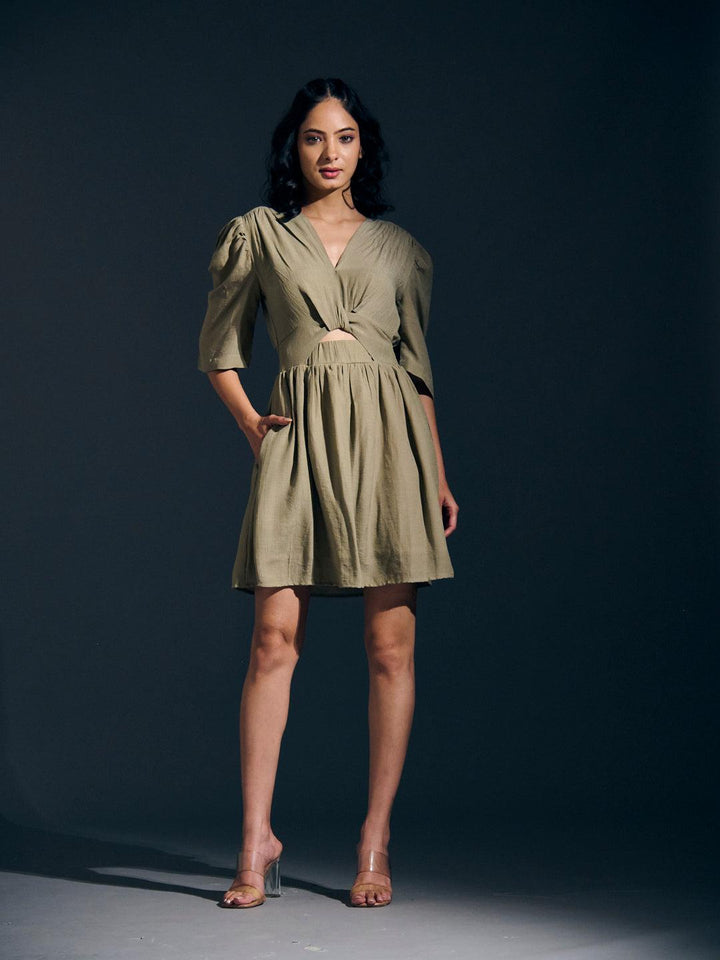 Risate twist detail mini linen dress in olive green with puff sleeves and a cutout waist