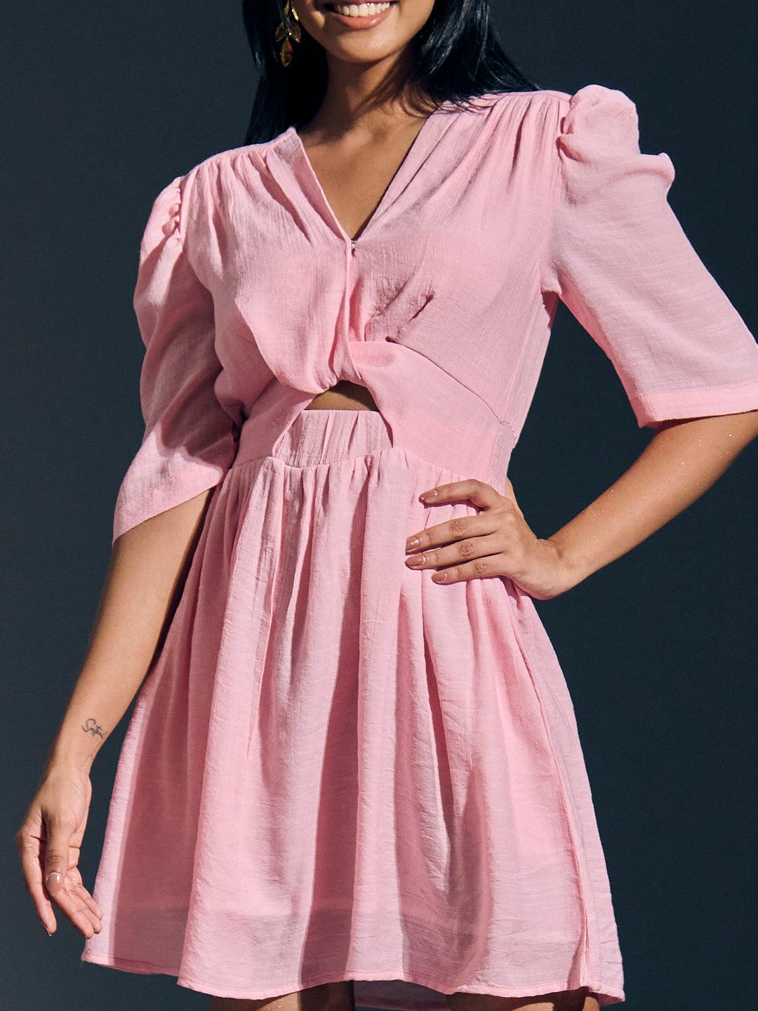 Risate twist detail mini linen dress in pink with puff sleeves and waist cutout