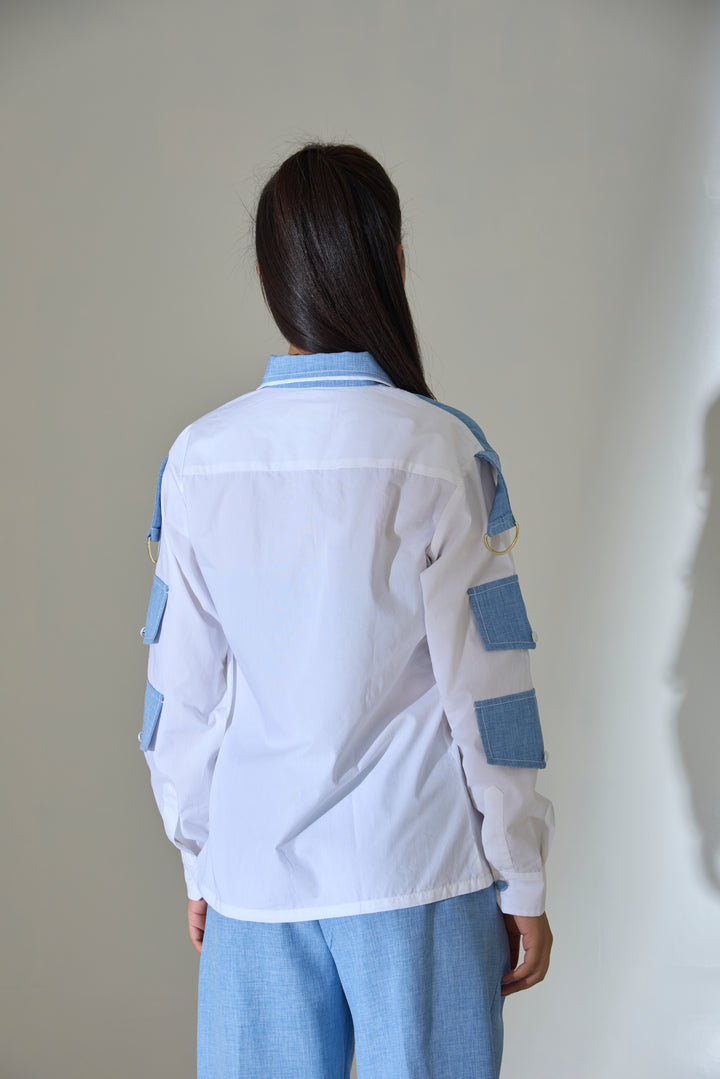 Risate two-tone cotton shirt for women featuring a contrasting design and stylish patch details
