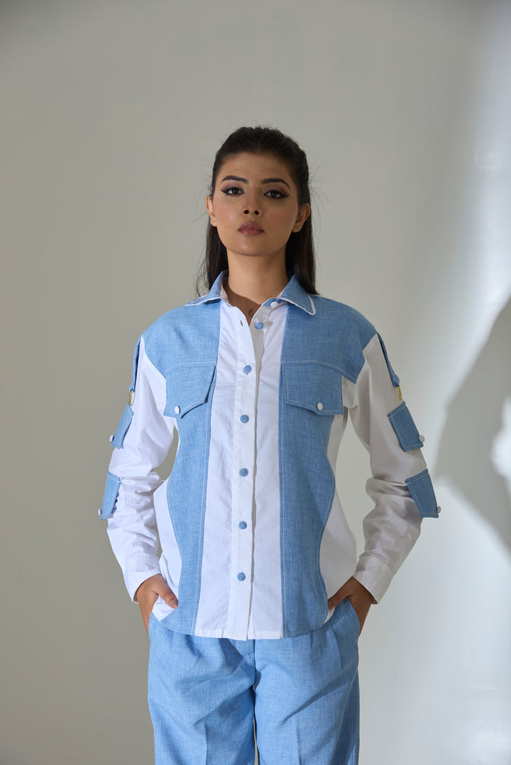 Risate two-tone cotton shirt for women featuring a stylish design with blue and white contrast panels
