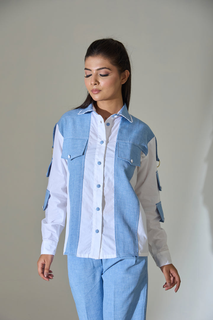 Stylish two-tone cotton shirt for women with blue and white panels and button-up design