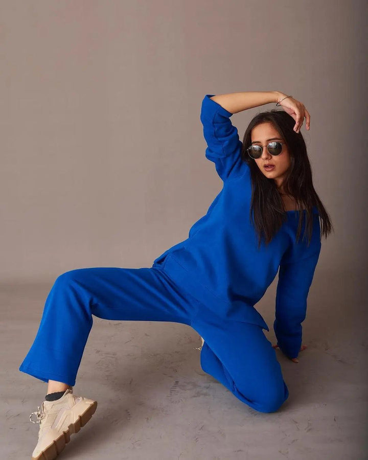 Risate ugly christmas pullover co-ord set in vibrant blue with relaxed fit and soft material