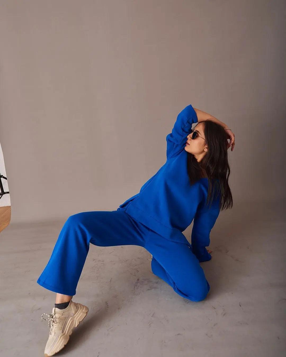 Bright blue Risate co-ord set made of soft material featuring stylish pants and pullover for casual wear