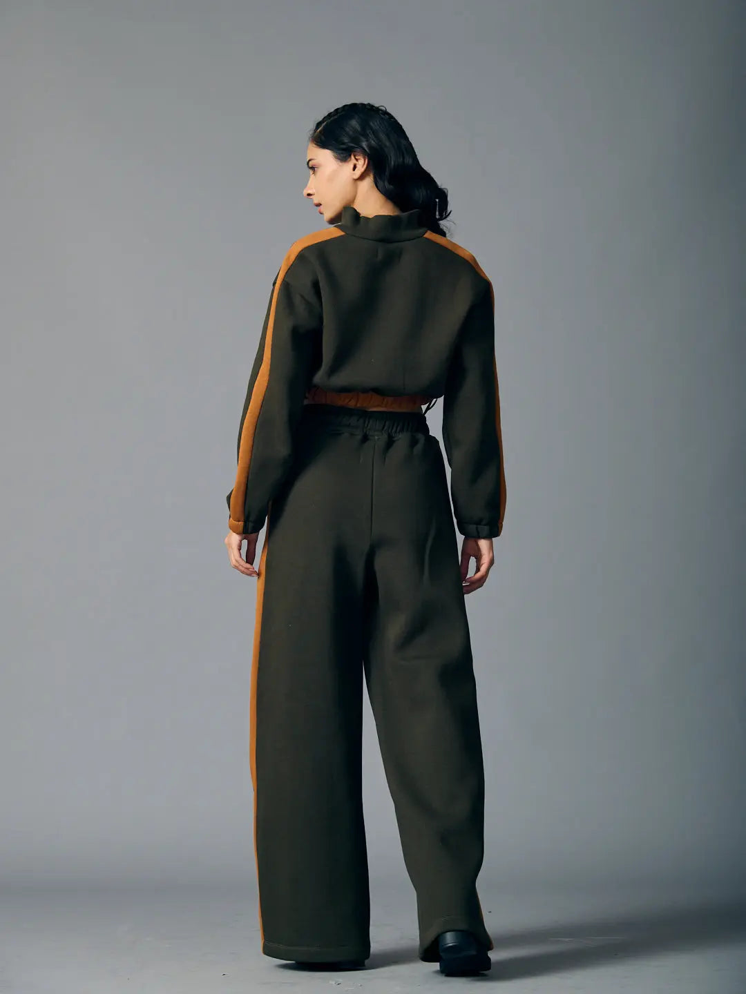 Risate urban chill set for women featuring a stylish crop top and wide-leg pants in green and orange accents