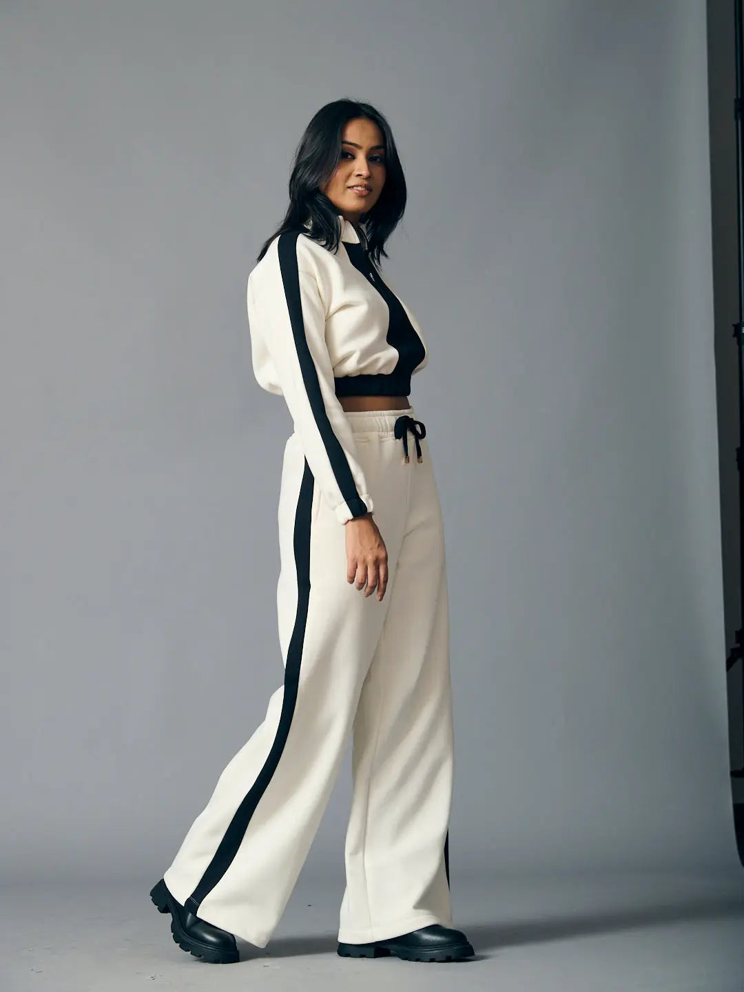 Risate Urban Chill Set for Women in Cream with Black Stripes and Relaxed Fit for Casual Style