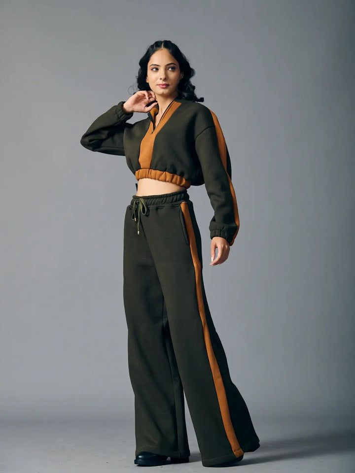 Risate urban chill set for women featuring a cropped jacket and wide-leg pants in green and orange accents