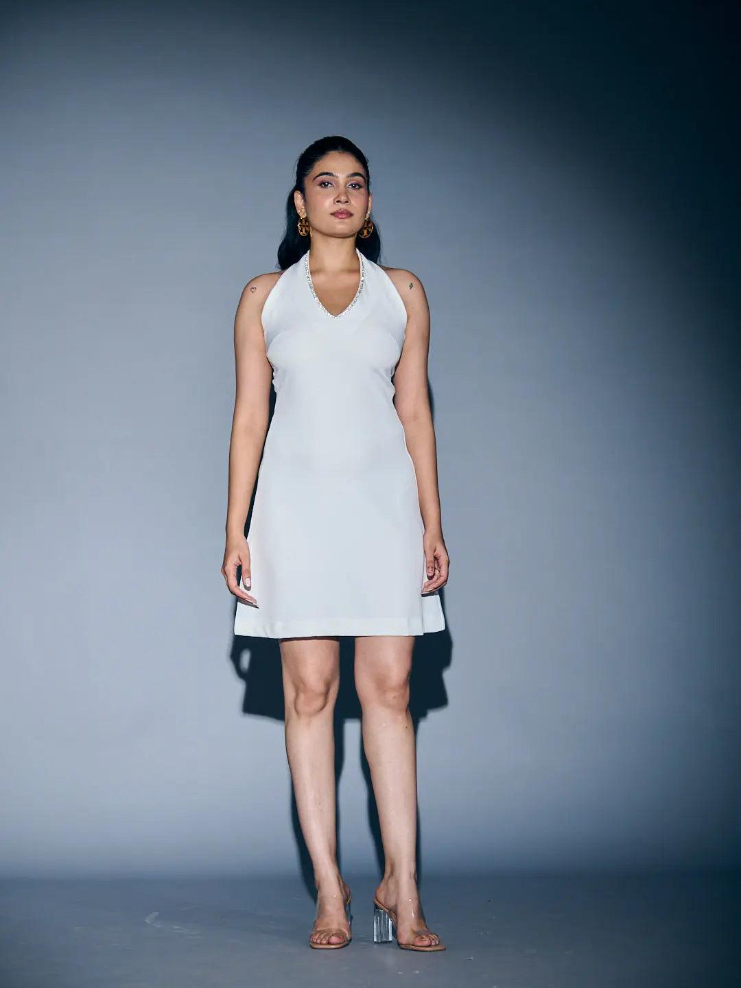 Risate V-neck cocktail mini dress in white, perfect for stylish evening events and parties