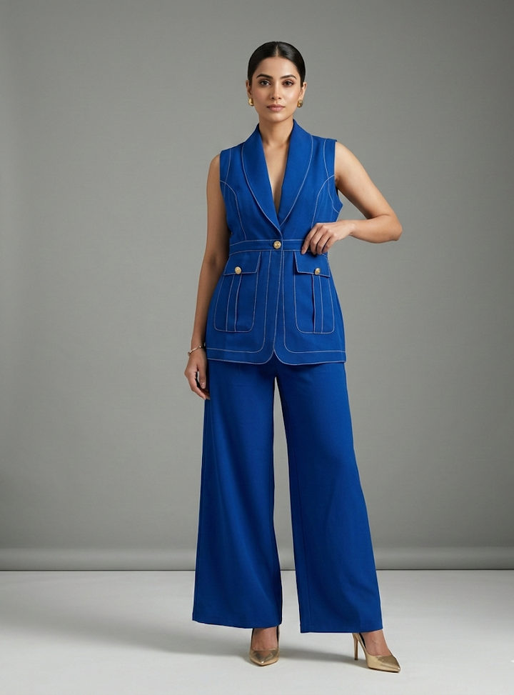 Blue Risate Co-ord Set with a stylish waistcoat featuring front pockets and wide-leg pants