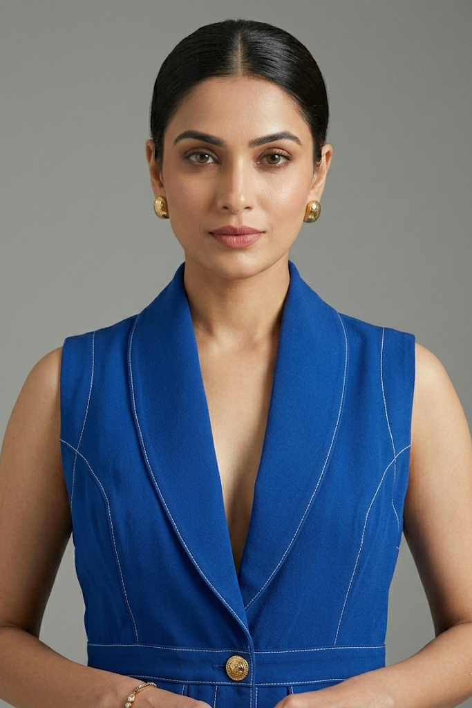 Women's blue co-ord set featuring a stylish waistcoat with a deep V-neck and tailored fit