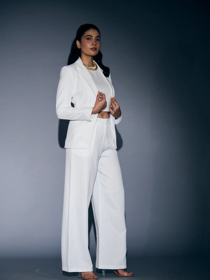 Chic Risate white blazer and pants set for women, perfect for stylish office or evening wear