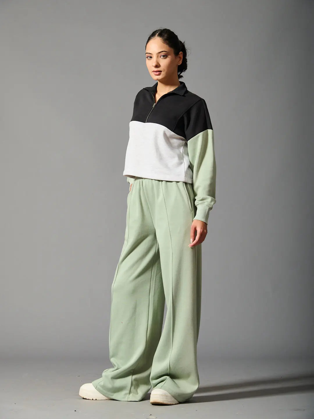 Willows coord set for women featuring a black and white pullover with mint green wide-leg pants