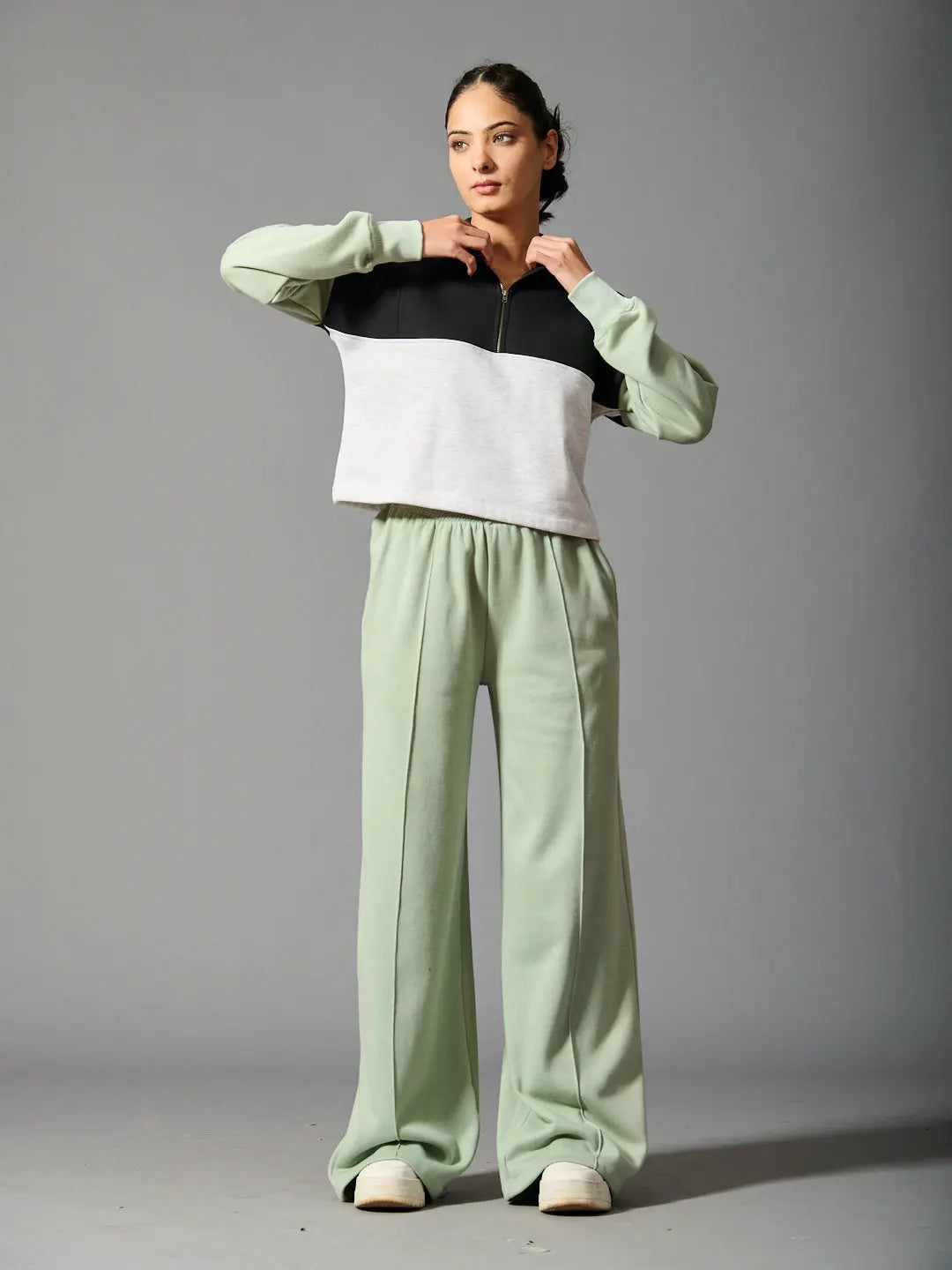 Stylish Willows coord set for women featuring a colorblock crop top and wide-leg pants