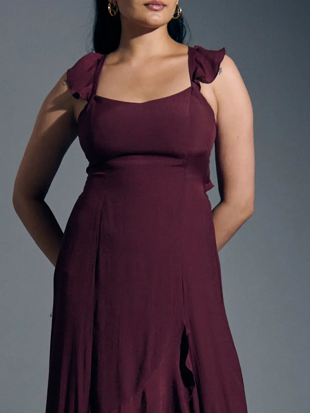 Wine frill linen dress for women with ruffled straps and a flattering silhouette