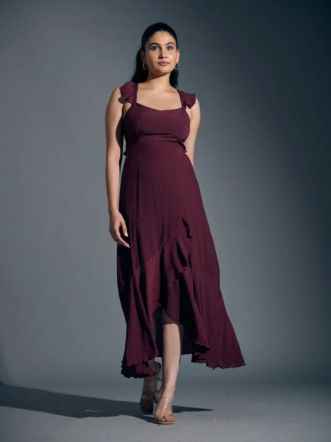 Wine frill linen dress for women featuring ruffled straps and a flowing silhouette