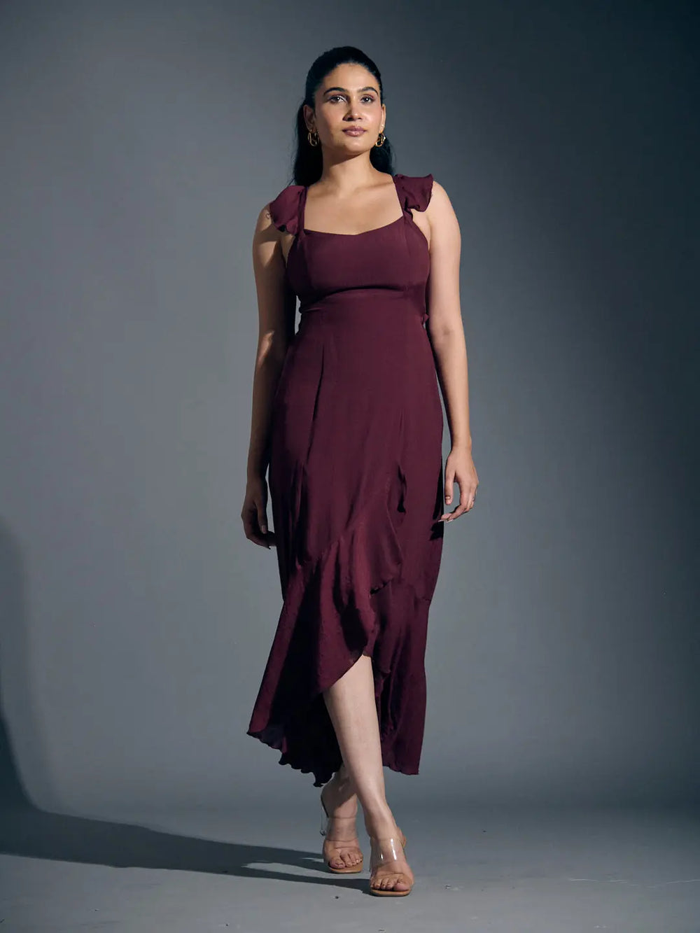 Elegant wine frill linen dress for women with a flattering silhouette and ruffled straps