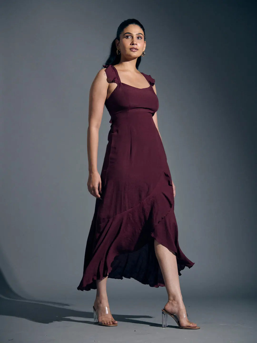 Wine frill linen dress for women with stylish straps and a flowing silhouette