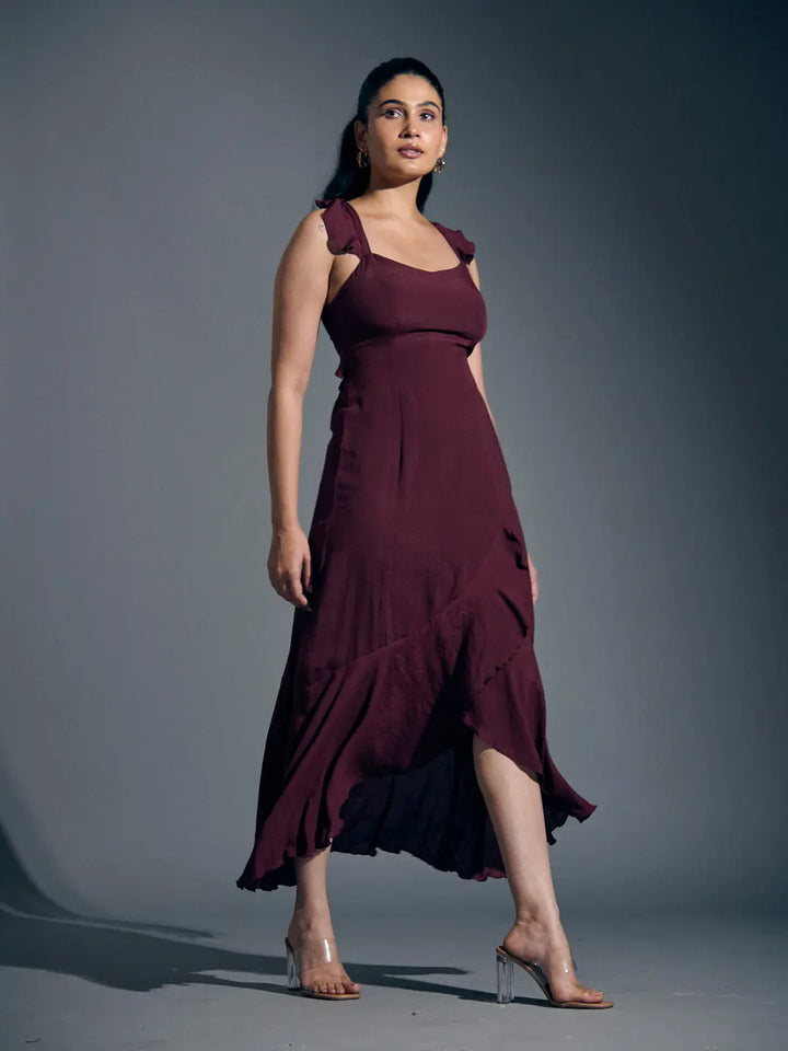 Wine frill linen dress for women with stylish straps and a flowing silhouette